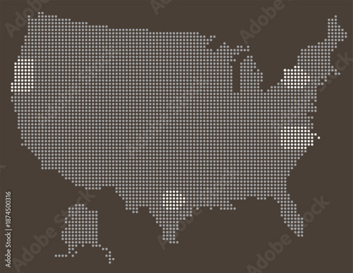 USA Urban Population Map with Dotted Data Density and City Nodes. USA dotted map.
