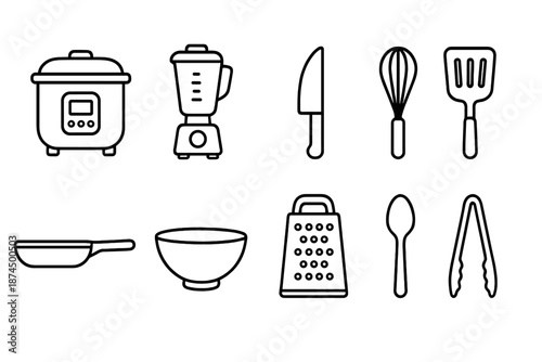 Kitchen utensils line icon set. Cookware, appliances, and tools outline collection.