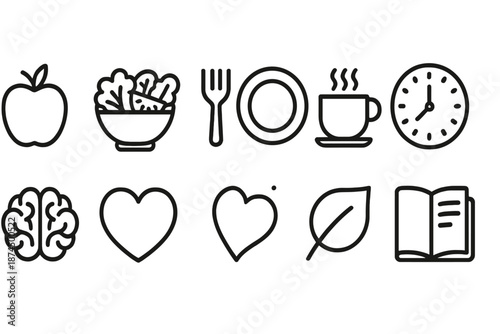 Healthy lifestyle outline icon set. Food, fitness, wellness icons outline collection.