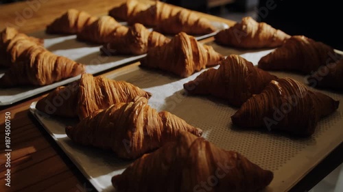 Freshly baked, crispy morning croissants sit on a wooden table in the bakery, cooling in the sun. Artisan pastries in a small bakery.