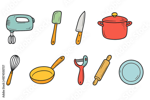 Kitchen utensils flat icon set. Cookware, baking, tools, kitchen equipment collection.