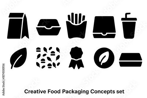 Food packaging solid icon set. Fast food, eco-friendly, award symbols collection