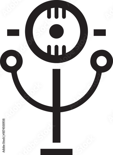 A black and white vector illustration of a stylized mechanical device viewed from the front