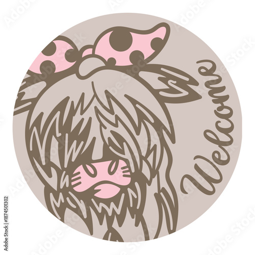 Highland Cow Pink Ribbon Welcome Sign SVG, Laser Cut Files Glowforge, Silhouette Cricut, Front Door Hanger Spring Summer Yard Garden