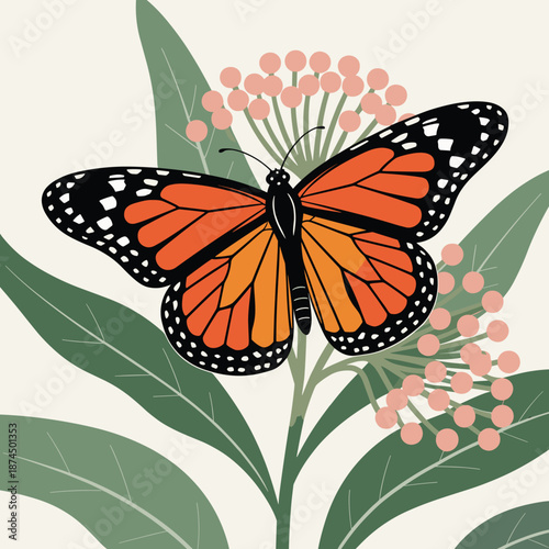 Detailed illustration of a beautiful monarch butterfly with bright orange wings resting on a plant with pink flowers and leaves.