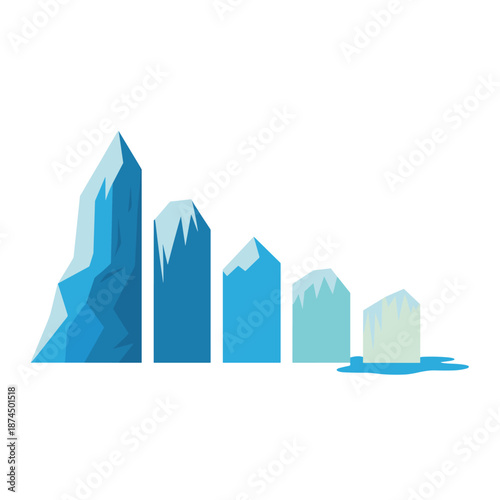 Environmental bar chart conceptualizing climate change with melting icebergs of decreasing height sitting in a blue pool of water.
