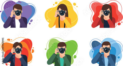 Photographer Avatar Vector Set Showing Male and Female Characters with Camera in Colorful Abstract Backgrounds