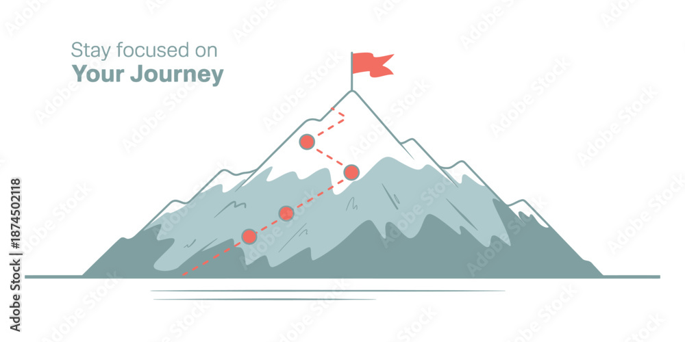 Naklejka premium Journey Concept Vector Illustration of a Mountain with Path and Flag at the Top, Depicting Route to Mountain Peak, Business Journey, Goal Achievement, Planning, Strategy, Web, Apps, UI UX, and Digital