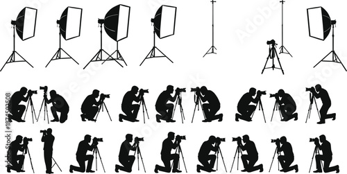 Photographer Silhouettes Collection Vector Featuring Shooting Poses, Studio Lights, Camera Stands, and Photo Gear