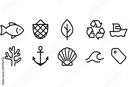Fishing and ocean outline icon set. Nautical, marine, watercraft symbols collection