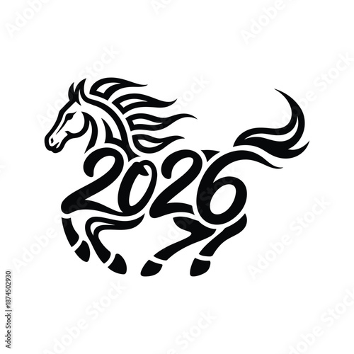 Stylized black horse design incorporating the year 2026 symbolizing power and future aspirations