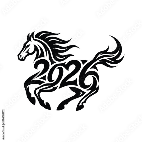 Cuadro en lienzo An elegant black and white tribal horse design incorporating the year two thousa