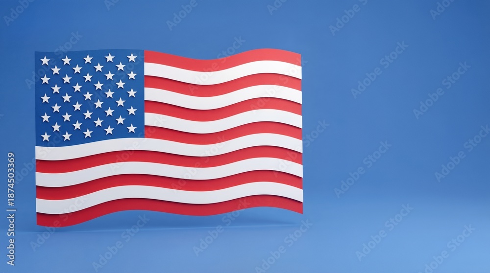 Fototapeta premium Wavy American Flag Symbol On Blue Background 3D Render