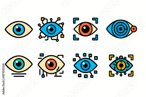 Eye, vision linear icon set. Visual perception and technology abstract line icons