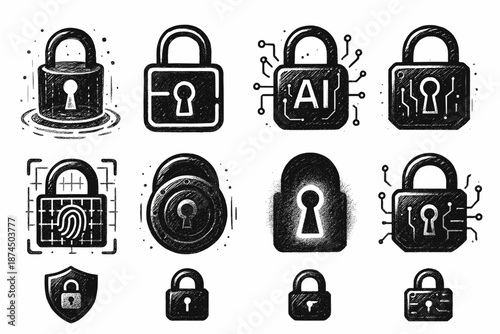 Security, data protection solid icon set. Ai, lock, privacy icons for digital safety