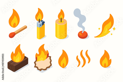 Fire, flame isometric icon set. Burning, heat, match, candle, smoke icons collection