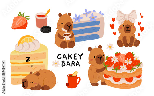 Cute capybara with cakes and desserts vector set, kawaii sleeping capybara characters with strawberry cake, bakery sweets. Cozy food illustrations for birthday, cafe and stickers
