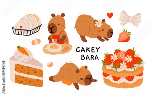 Cute capybara with cakes and desserts vector set, kawaii sleeping capybara characters with strawberry cake, bakery sweets. Cozy food illustrations for birthday, cafe and stickers