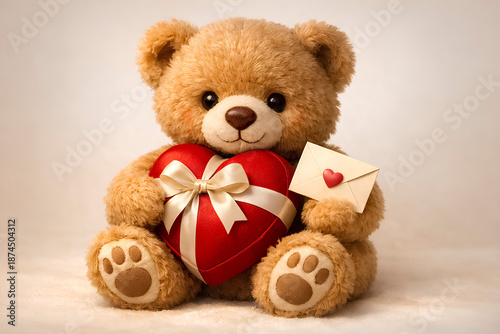 Cute teddy bear holding red heart and love letter, romantic valentines gift