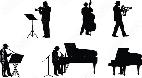 Jazz band silhouette vector illustration with musicians playing trumpet, saxophone, piano, double bass, classic blues ensemble, live performance, music design