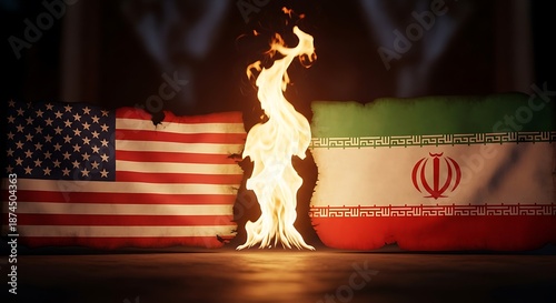 Tension between america and iran flags on fire