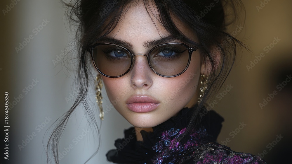 Fototapeta premium Model showcases stunning round sunglasses and intricate earrings, exuding modern elegance