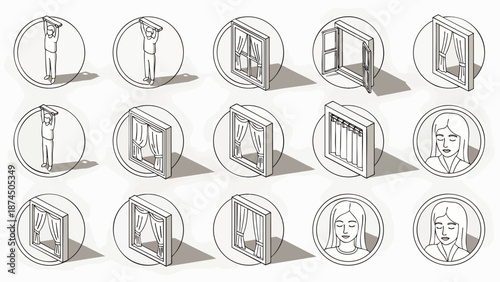 Collection of isometric icons representing different window types and a woman looking out a window