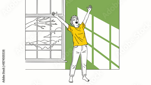Young man stretching and yawning with arms raised in a bright room with sunlight streaming through the window, symbolizing morning or waking up.