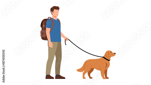 A man wearing a backpack is gently walking a beautiful golden retriever dog on a leash, enjoying an outdoor stroll.