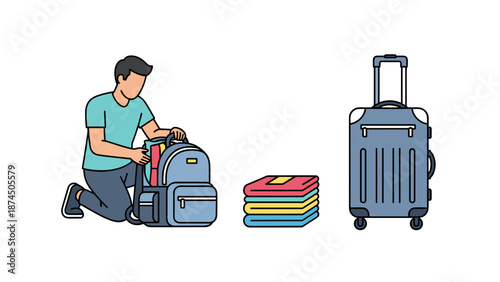 A man is kneeling and diligently packing a blue backpack with several colorful books, preparing for studies or travel.