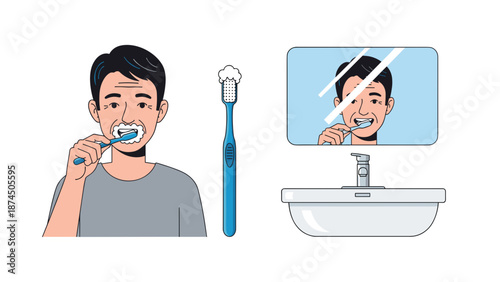 A smiling man is actively brushing his teeth in a bathroom, promoting good oral hygiene and daily self-care routines.