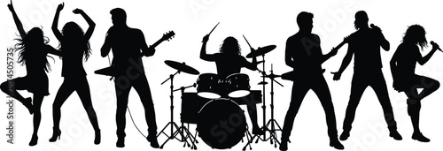 Live music band silhouette, concert performers group, rock musicians playing instruments, dancers singing, stage show energy, entertainment vector art