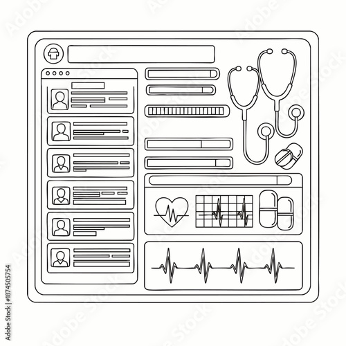 Digital healthcare interface with medical icons and patient profiles, stethoscope and pills, vector illustration