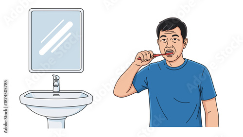 A man in a blue t-shirt diligently brushes his teeth with a toothbrush, standing in front of a modern bathroom sink and a clean mirror, representing a crucial part of daily oral hygiene 