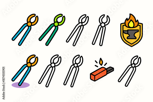 Blacksmithing tools flat icon set. Forge, anvil, tongs, hammer icons collection