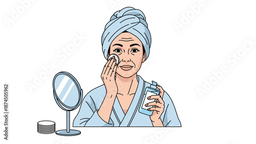 An elegant older woman with a towel on her head carefully cleansing her face with a cotton pad, observing her reflection in a standing mirror.