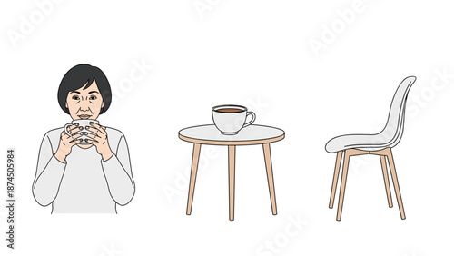 A young woman sips a warm beverage from her mug, next to a minimalist table with a coffee cup and a modern chair, all isolated on white.
