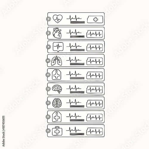 Medical infographic elements with heart rate, lungs, brain, and cross icons on white background