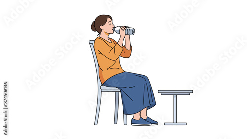 A woman sits comfortably on a chair, taking a refreshing drink from a bottle next to a small side table, staying hydrated.
