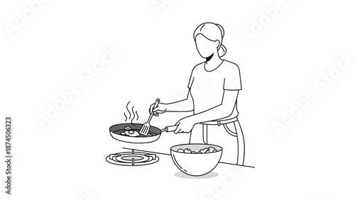 A woman with her hair tied back is actively cooking food in a hot frying pan on a stovetop, with a serving bowl nearby, depicted in a monochrome line art style.