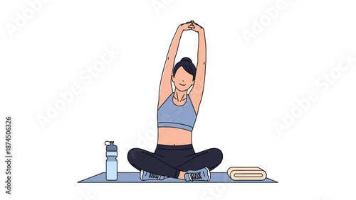 A graceful woman is sitting cross-legged on a blue yoga mat, performing a gentle side bend stretch with her arms raised overhead, maintaining a serene expression during her mindful exercise routine.