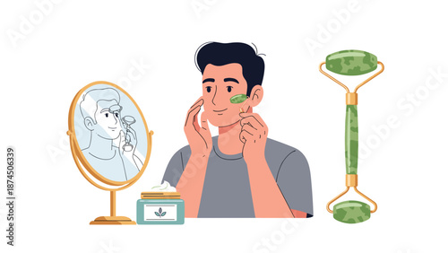 A serene man is gently massaging his face with a green jade roller, looking into a mirror that shows his face with signs of aging, highlighting a natural approach to anti-aging and facial wellness.