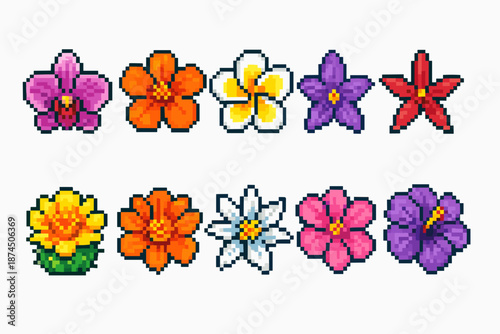 Pixel art flower icon set. Vibrant, floral icons for retro design, game development
