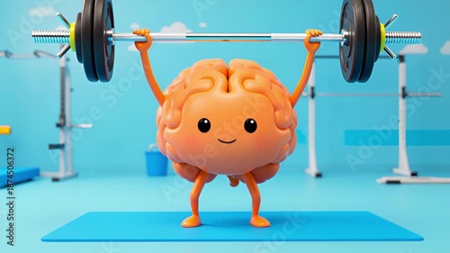 Animated Brain Weightlifting in Gym, Mental Fitness and Brain Training Concept, Cute Character Exercise Animation, Motivation and Intelligence Strength, Clean 4K Loop