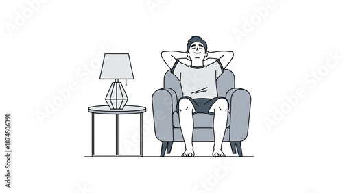 A man is relaxing comfortably in a plush armchair next to a side table with a lamp, his hands behind his head, embodying a sense of leisure, relaxation, and unwinding at home.