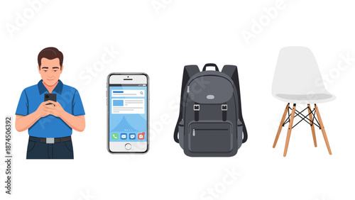 A man stands with his smartphone, a dark grey backpack, and a modern white chair are arranged compositionally, representing elements associated with modern life, technology, and personal style.