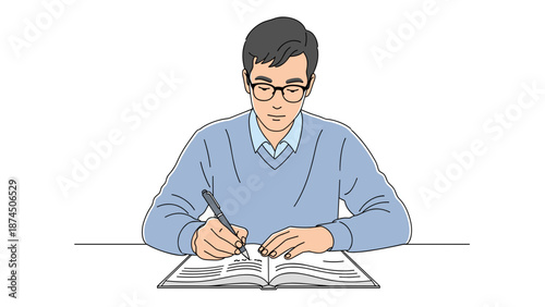 A focused young man wearing glasses sits at a desk, diligently writing in an open notebook with a pen, suggesting study, learning, or productive work in an academic or professional setting.