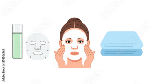 A woman with her hair in a towel applies a sheet mask to her face, with a bottle of skincare essence and stacked towels nearby, representing a refreshing and hydrating at-home spa experience.