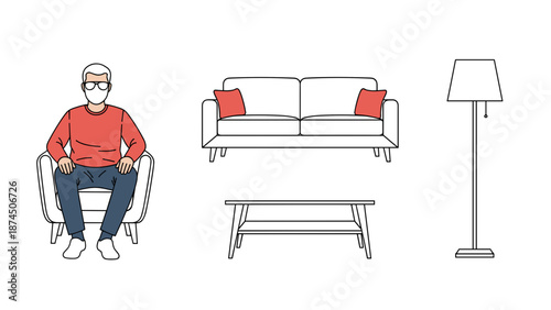 A man seated in an armchair is part of a minimalist living room setup, including a modern sofa, coffee table, and sleek floor lamp, depicting home comfort.