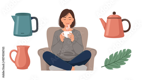 A serene woman is seated in an armchair, holding a mug, surrounded by kettles, a jug, and a decorative leaf, creating a cozy atmosphere.